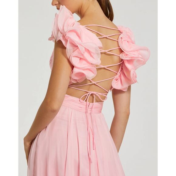 MAC DUGGAL Blush Pink Ruffle Tiered Cut-Out Back Lace Up Maxi Dress Size 2 NWT - Picture 3 of 12
